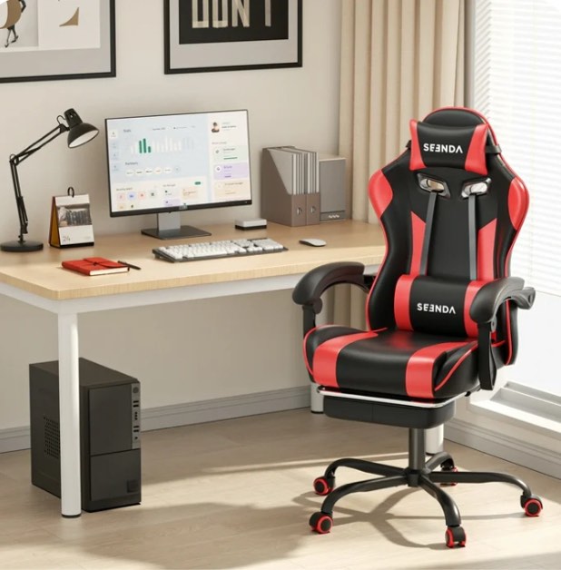 Massage Gaming Chair, Seenda Video Game Chair with Footrest and Lumbar Support, Ergonomic Computer Chair Height Adjustable with Swivel Seat and Headrest, Red