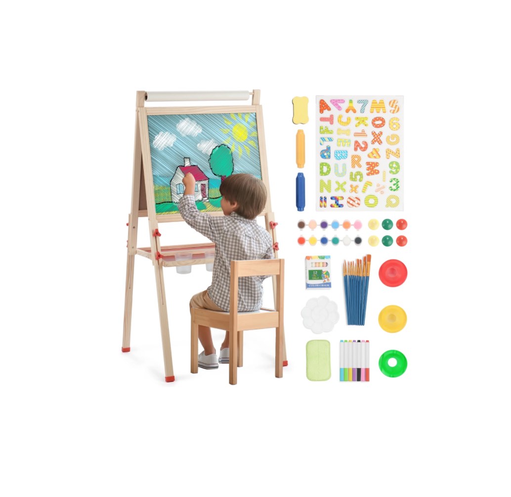 Art Easel for Kids with Paper Roll, Adjustable Double Side Art Drawing Standing Chalkboard for Toddlers 3-12, Boy & Girls Wooden Gift & Art Supplies for Toddler