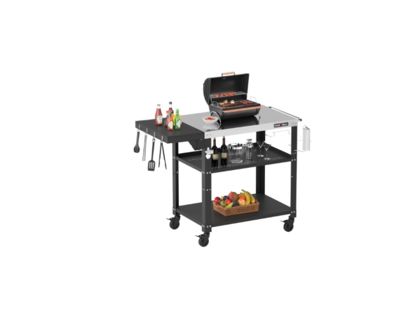 pargrill three-shelf outdoor grill prep utility cart with foldable side table, 46.6" x 20", 4 lockable casters?200 lbs