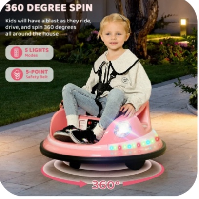 12v bumper car,neche ride on toys for toddlers,360° spin toddler car with remote,5 led lights,pink