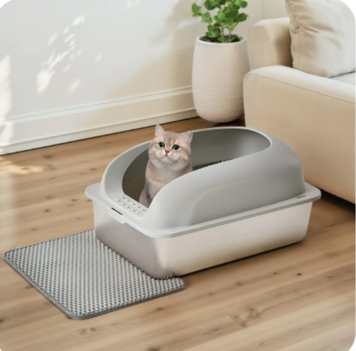 edx stainless steel cat litter box with lid, xl extra large cat litter box for big cats, high wall sides, never absorbs odors, anti-urine leakage, easy cleaning, scoop and mat included, light grey