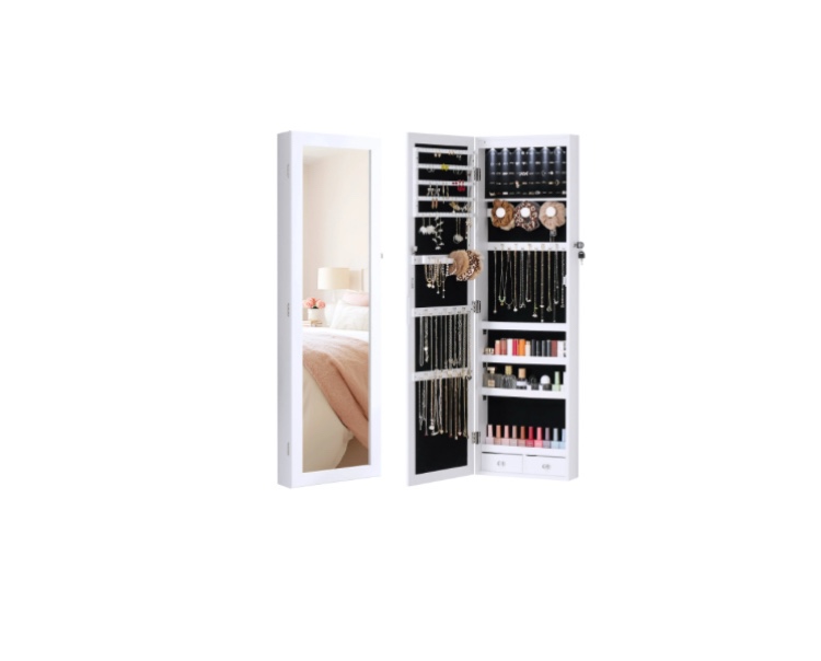 edx full-length mirror jewelry cabinet with 6 led lights, wall door mounted large jewelry armoire organizer with makeup storage
