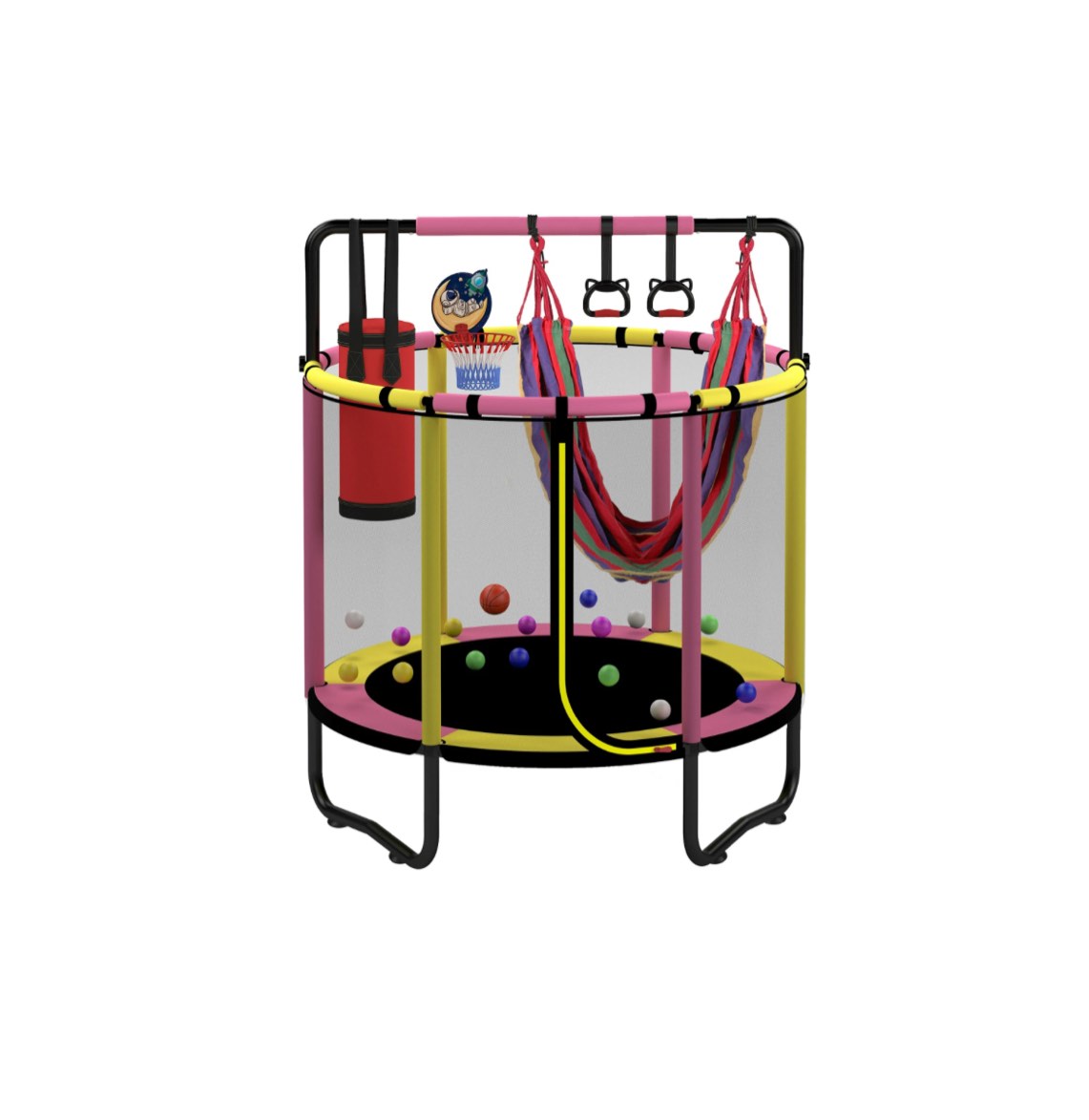 mini trampoline for kids with basketball hoop, segmart 55'' indoor outdoor toddler trampoline with enclosure net, swing, sandbag, ring, ocean balls, round small trampoline gift for boys girls, pink