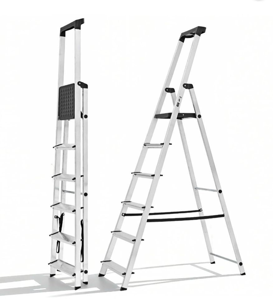 concetta 71 inch 6-step herringbone aluminium ladder with non-slip treads and comfortable handrails, sturdy steel ladder, portable heavy duty stepstool for garage and outdoor use, silver