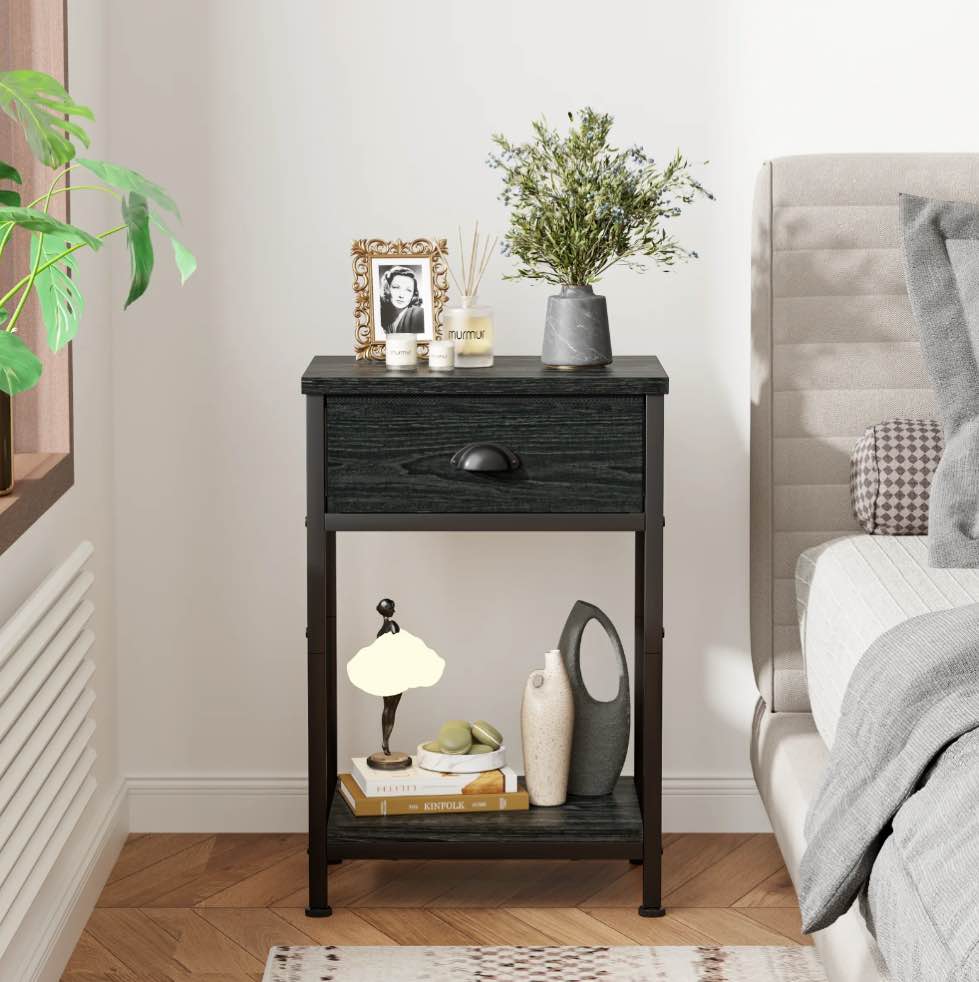 Satifur Nightstand for Bedroom,3-Tier End Table with Drawer,Black Oak Finish