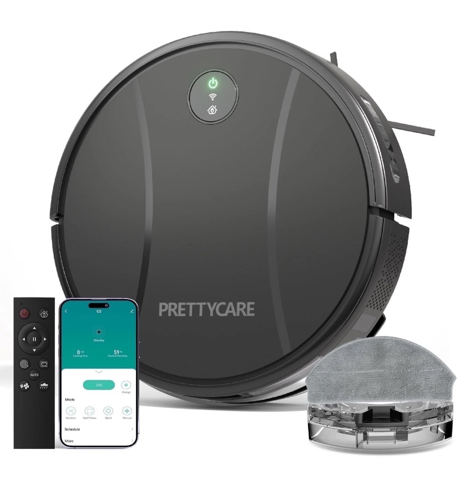 Prettycare C2 2 in 1 Robot Vacuum and Mop Combo Cleaner, Black