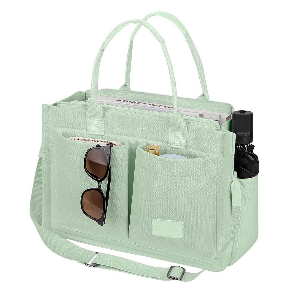 Cshidworld Canvas Tote Bag with Multi-Pocket for Women, Shoulder Handbag Everything Tote Bag with Compartments, Laptop Work Bags Shoulder Messenger Gym Bag for Travel Nurse College Gift, Green