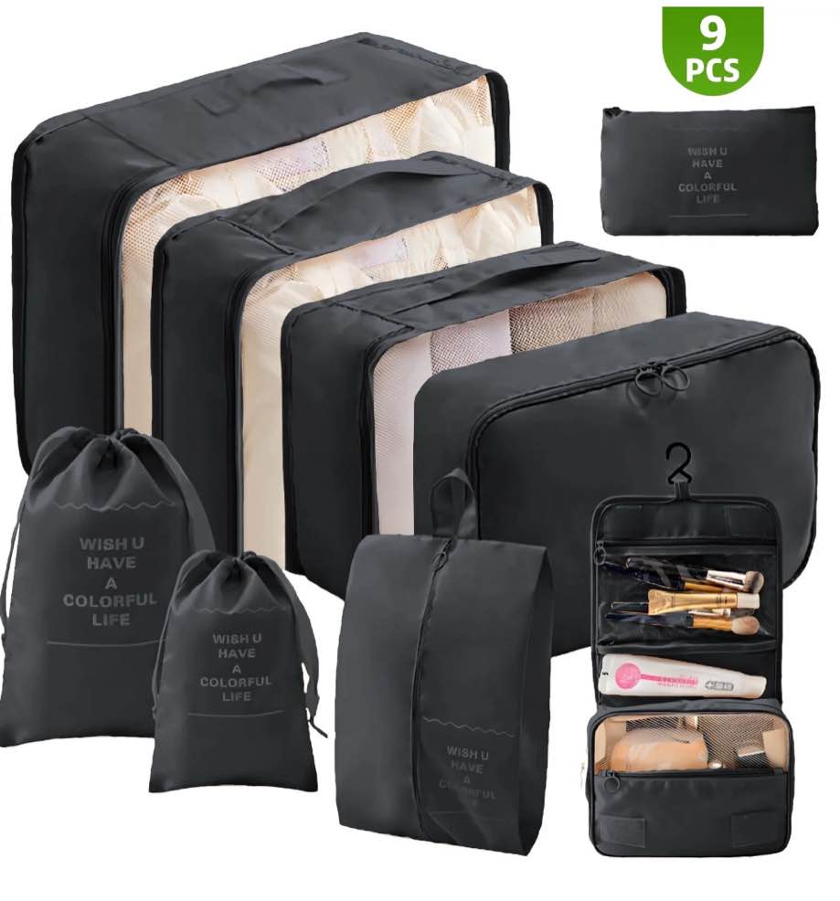 9 Set Packing Cubes for Travel, Durable Luggage Organizer Set with Hanging Toiletry Bag & Shoe Bag, Perfect Gift for Women Mom, Vacation Essentials for Travel Accessories (Black)