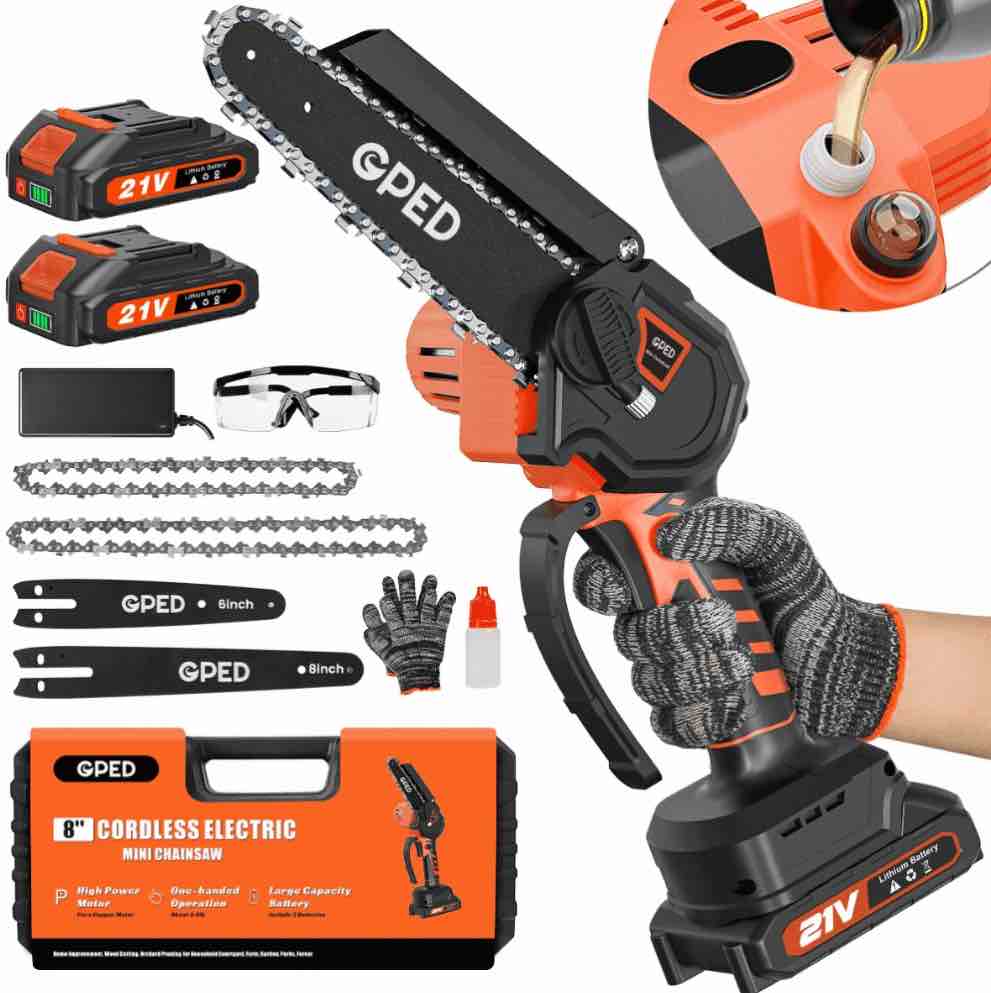 GPED Mini Chainsaw Cordless 6 & 8 Inch with 2 Battery, Oiler System Mini Power Chain Saw, Handheld Chain Saw With Security Lock, Small Electric Chainsaws For Wood/Trees Cutting, Orange