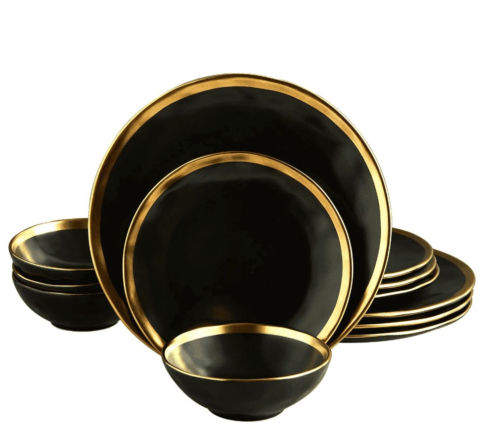 Pokini 12-Piece Dinnerware Sets, Plates and Bowls Dish Sets for 4, Modern Luxury Gold Rim Porcelain Dishware Sets, Black and Gold