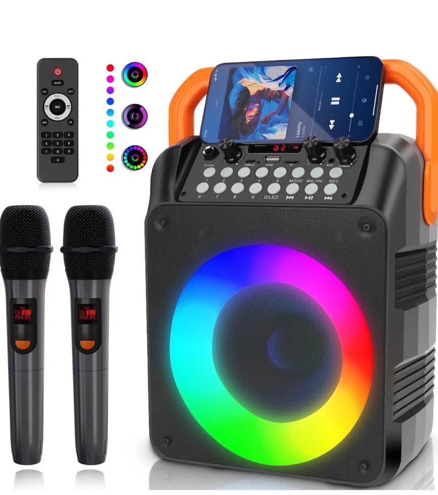 Burufy Karaoke Machine for Kids and Adult, Home Karaoke System with 2 Wireless Microphone, Bluetooth 5.3 Speaker with RGB Light for Party