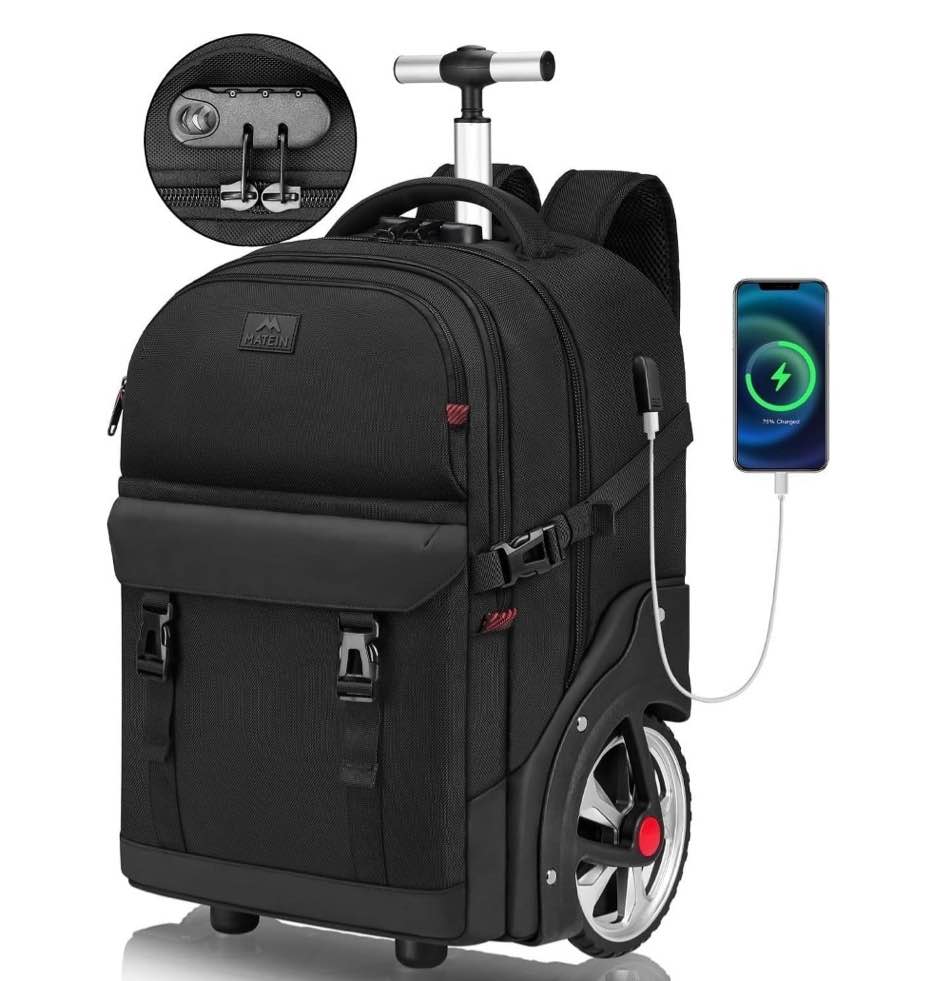 matein rolling travel backpack for adults, 17 inch laptop backpack with wheels with usb charging port and combination lock, black