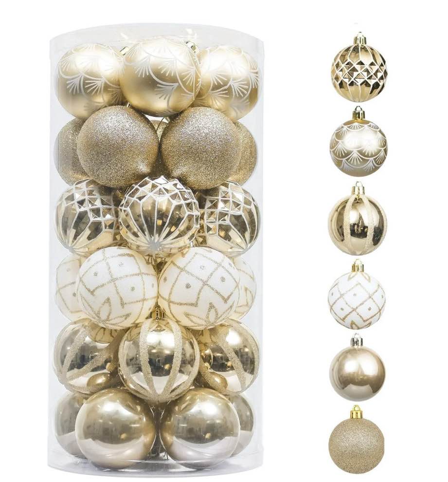 valery madelyn 30ct 2.36 inches christmas ornaments, white gold shatterproof christmas ball ornaments set, hanging tree ornaments bulk for xmas party decor