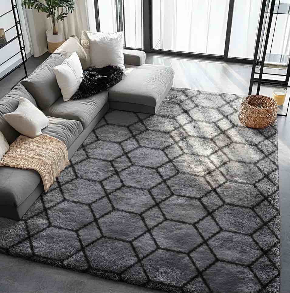 pentantan 8ft x 10ft shag area rugs for living room, modern geometric fluffy bedroom carpet, black & gray