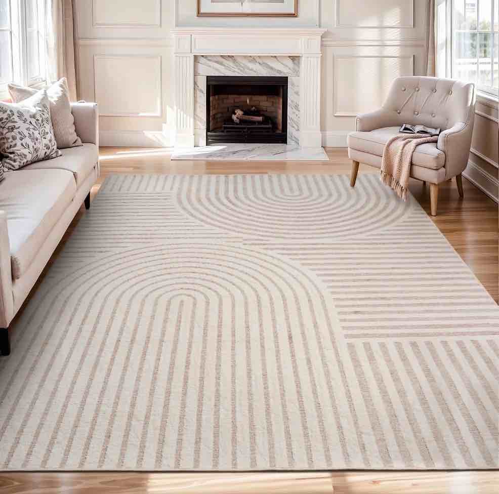 vunate 8 x10  area rugs for living room jacquard textured modern rugs soft geometric rug for bedroom mid century washable rug non-slip bohemian carpet perfect for dining room office beige