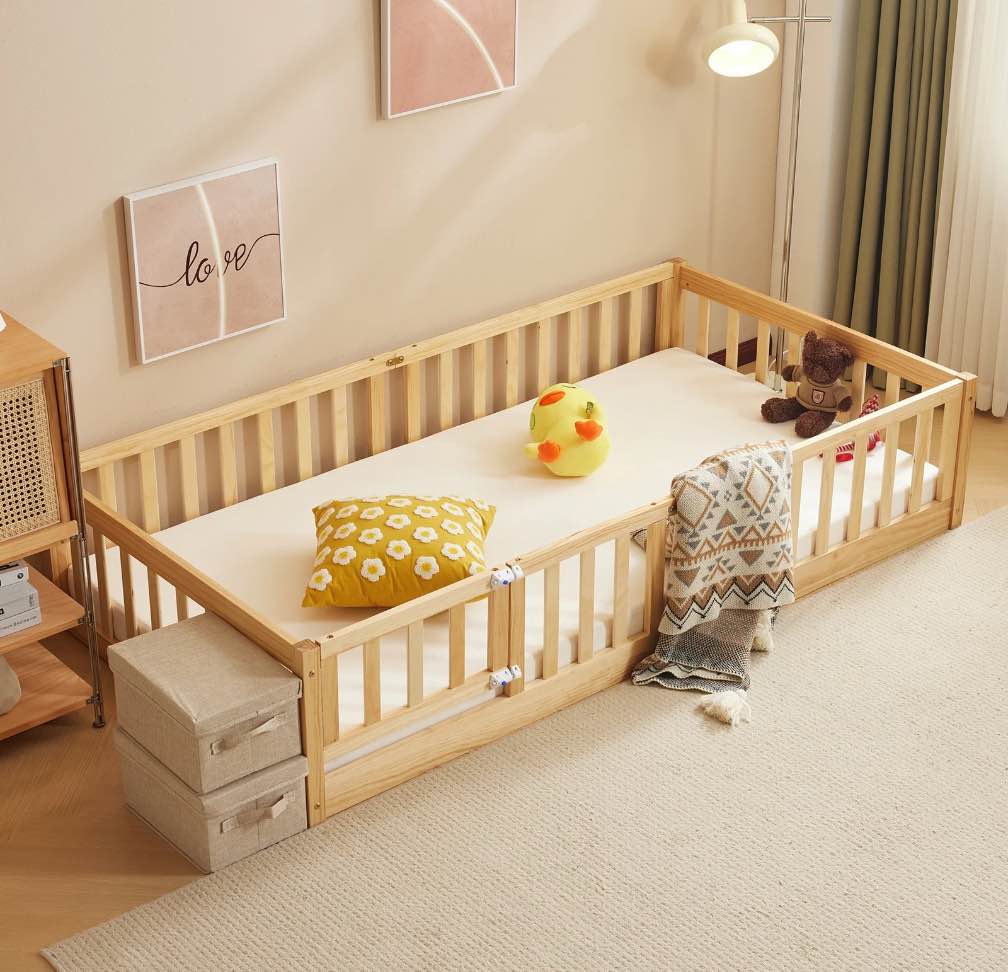 zimtown montessori floor bed frame, twin size bed with fence and door, wooden platform bed, natural color