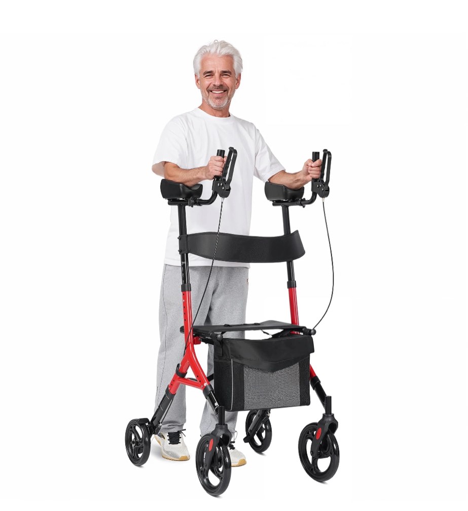 maxkare upright rollator walker with 5+3 adjustable height, folding stand up walker with large 360° swivel wheels, 19.7" seat, 300lbs