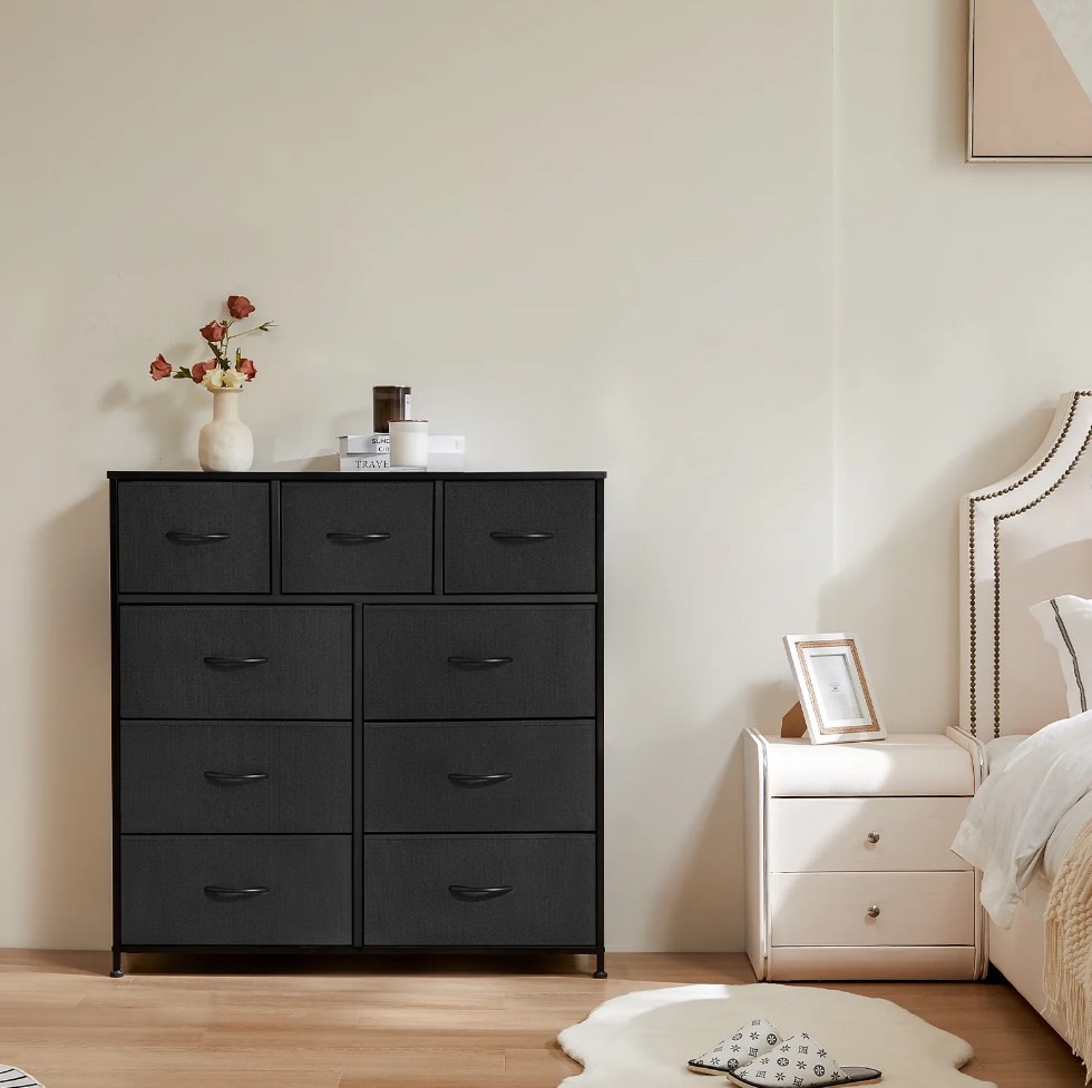 concetta 9-drawer fabric dresser, tv cabinet sideboard, storage organizer cabinet for living room, bedroom, office, black