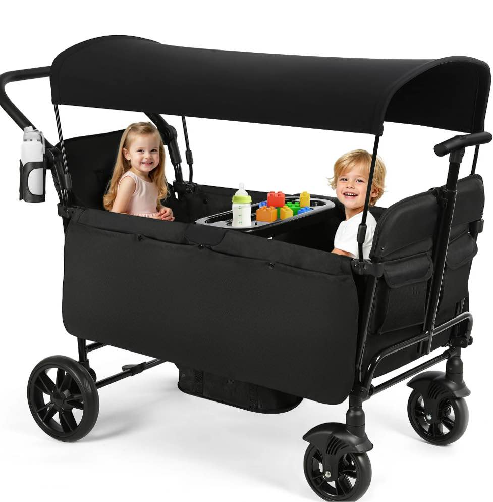 vomeast wagon stroller for kids, spacious 2-seater stroller wagon with adjustable canopy, pull & push handle, 5-point harness, foldable for toddlers, black