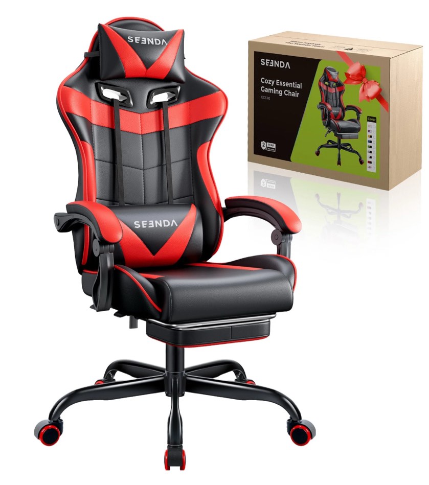 Gaming Chair, Seenda Video Game Chair with Footrest and Lumbar Support, Ergonomic Computer Chair Height Adjustable with Swivel Seat and Headrest, Red