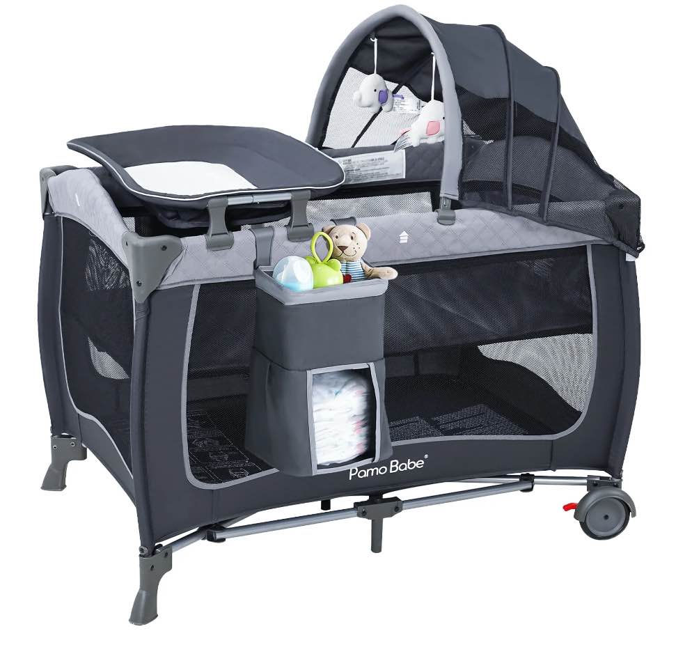 Pamo Babe Unisex Portable Baby Play Yard Include Wheels, Canopy, Changing Table for Newborn(Grey)