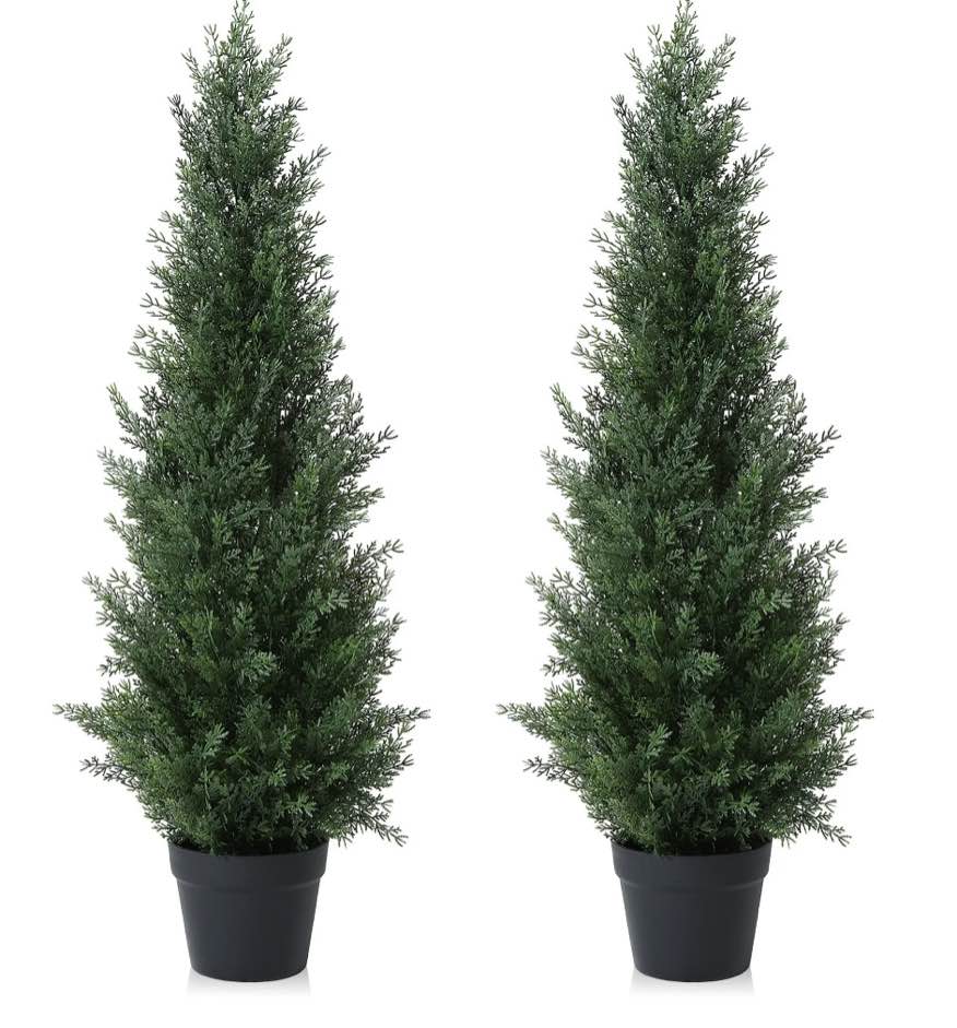 Artificial Cedar Tree 2 Pack 4 ft Outdoor Artificial Topiary Cedar Plants Fake Tree UV Rated Potted Tree for Perfect Housewarming Gift, Set of 2