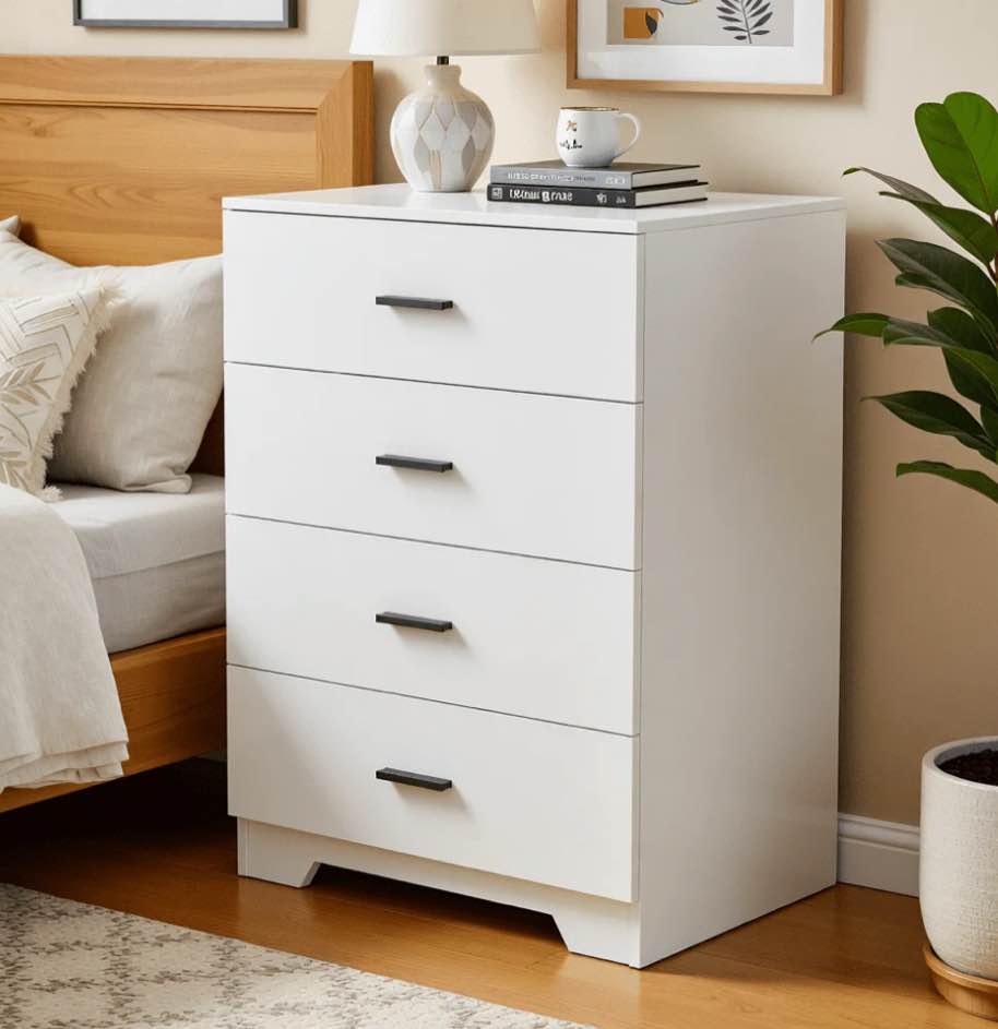 Capri White 4 Drawer Dresser with Power Outlets, Modern Nightstand, Storage Wide Chest of Drawer, Wooden Dresser Storage Cabinet for Adults, Bedroom Living Room Furniture