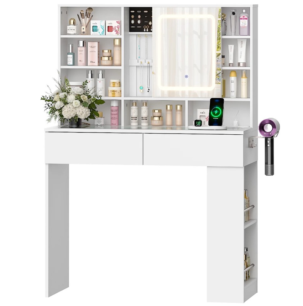 Ktaxon Makeup Vanity w/ Visible Glass Top, Get Ready with Me Vanity with Mirror, LED Sliding Mirror,White