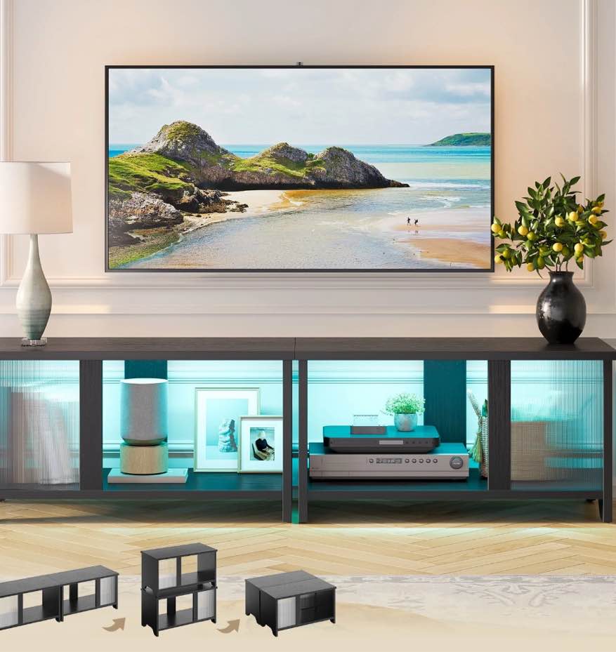 pinmoco led tv stand for tvs up to 65'', expandable side by side or stacking tv stand with storage, black