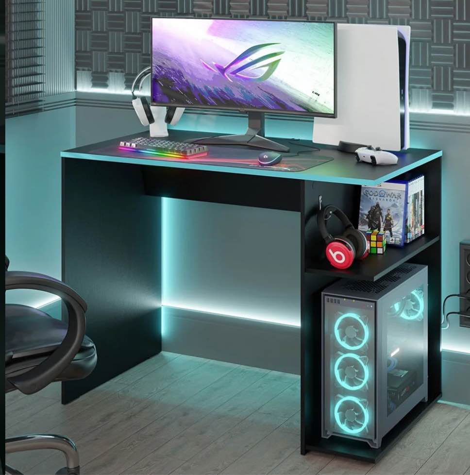 madesa gaming computer desk 39 inch with 2 shelves and headphone hanger wooden sturdy home office table for kids and adults - black/blue