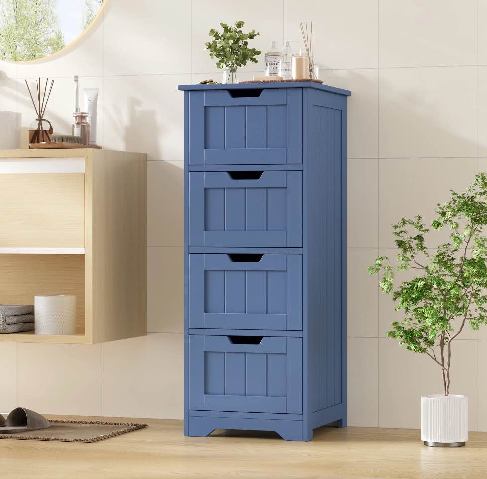 homfa bathroom storage cabinet, free standing narrow cabinet with 4 drawers entryway storage organizer for living room bedroom, blue
