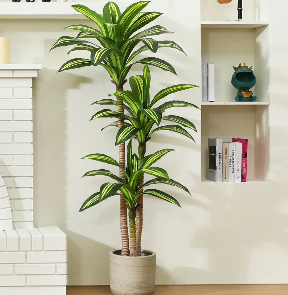 artificial plants, 5ft fake dracaena tree in black plastic pot, faux plants indoor outdoor decor, silk plants for home decor office porch patio perfect housewarming gift