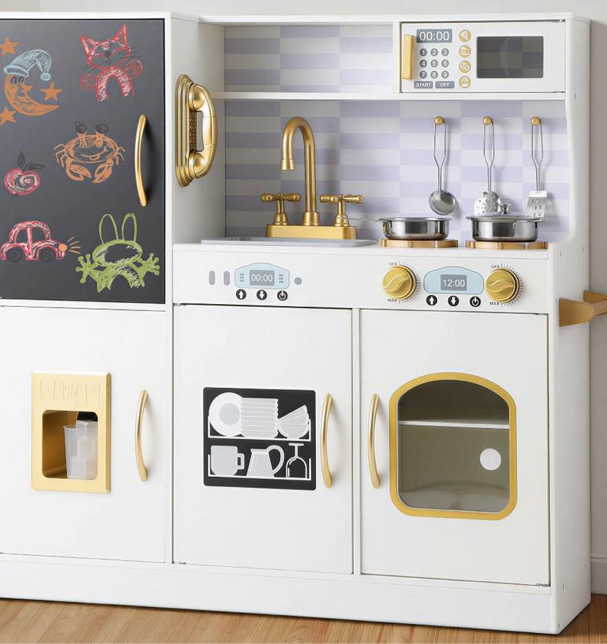 coclub play kitchen, wooden kids kitchen playset with chalkboard, ice maker, play phone, cookware accessories, microwave toy kitchen gift for boys girls age 3-8 white