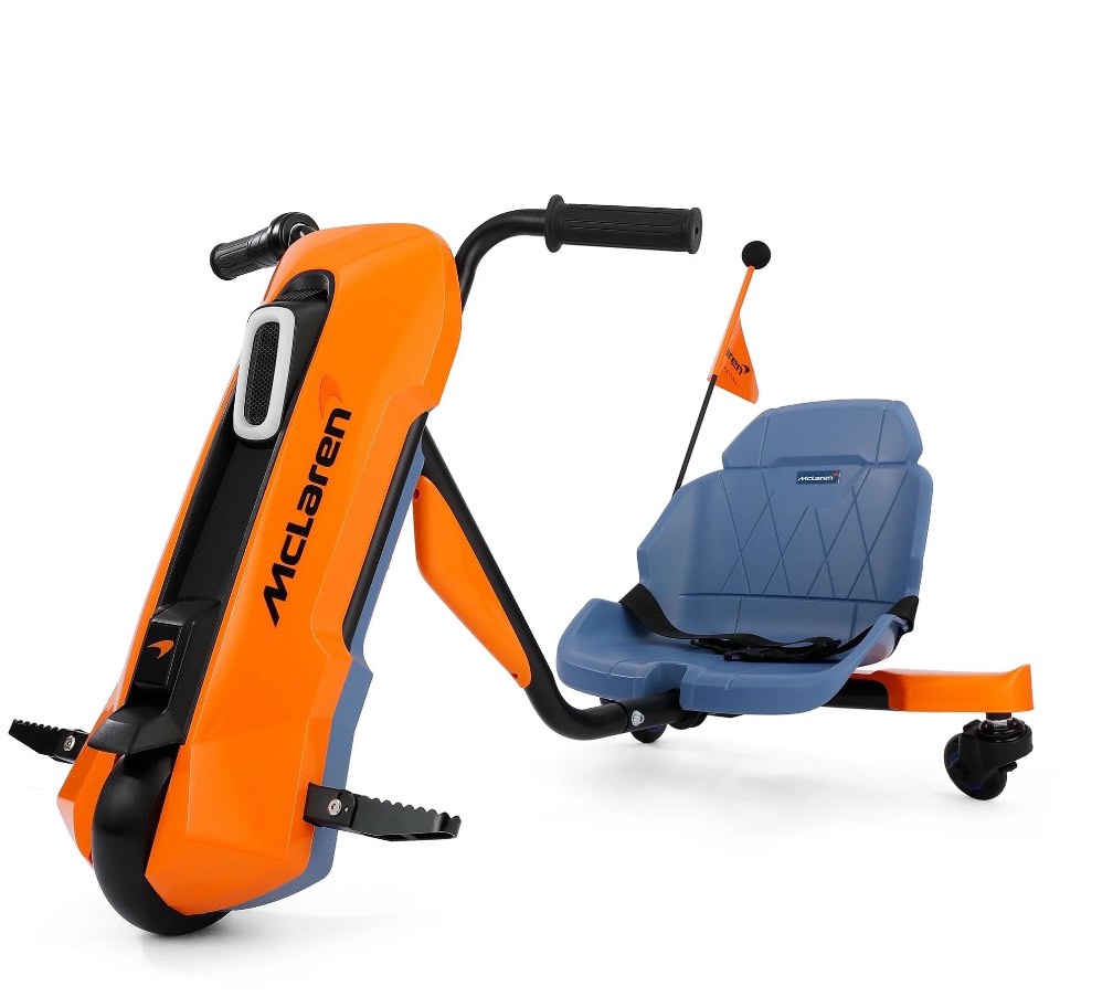 mclaren licensed 24v ride on toys,drift kart for kids, 6.5 mph max,360° spin electric go kart for kids, 3 adjustable seat, music, bluetooth,orange