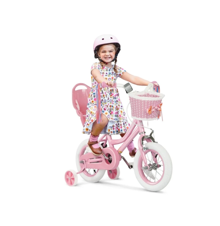 XJD Girls Bike for Toddlers 3-9 Years Old Kids, 12 Inch Kids Bike with Training Wheels, Streamers, Basket and Doll Seat, Children Bicycles with Handbrake