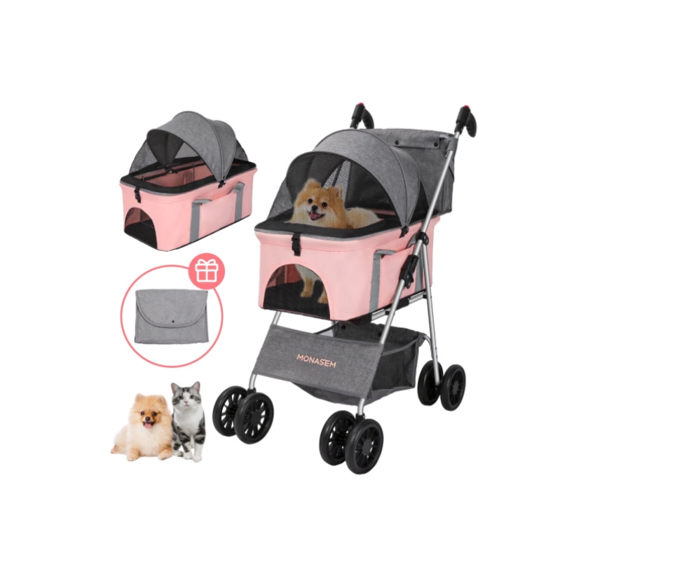monasem 4 wheels foldable pet stroller 3 in 1 with waterproof detachable pets travel carrier for small/medium dogs cats up to 60lbs, pink