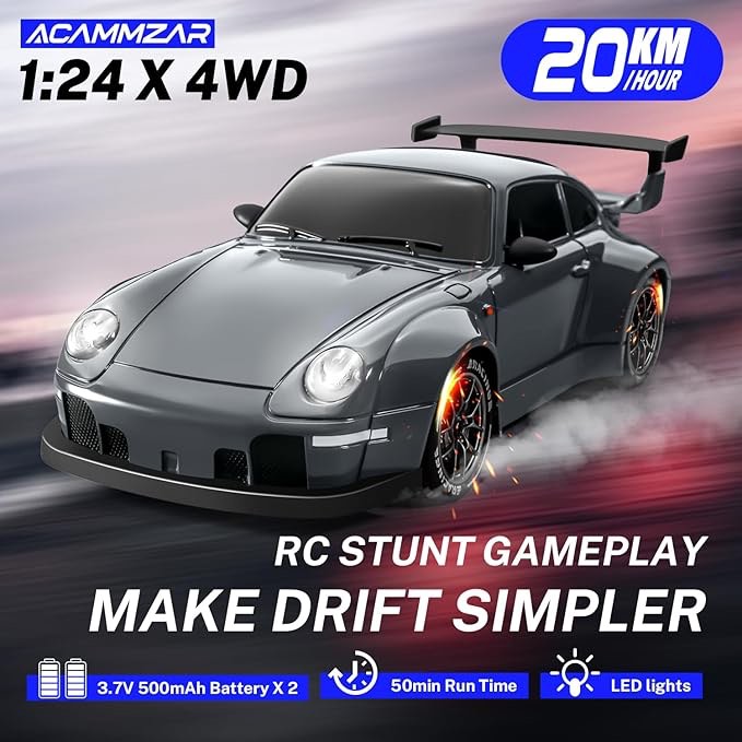 ACAMMZAR RC Drift Car, 1:24 Remote Control Car for Kids, 20KM/H 4WD High Speed RC Cars with Lights,
