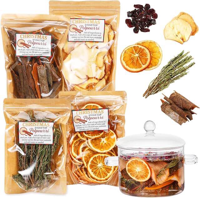 Vesici 4 Pack Christmas Potpourri Simmer with Glass Pot Dried Apple Slices Cinnamon Dried Orange Sli