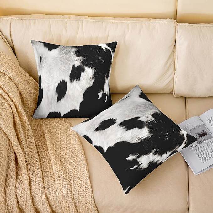 Cowhide Throw Pillow Covers 24"x24" Set of 2 Cow Fur Printed Pillow Cases Cushion Covers for Living