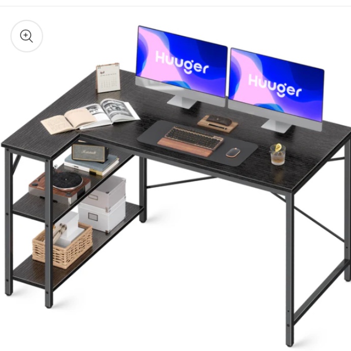 Huuger L Shaped Desk, 47 Inches Computer Desk with Reversible Storage Shelves, Black