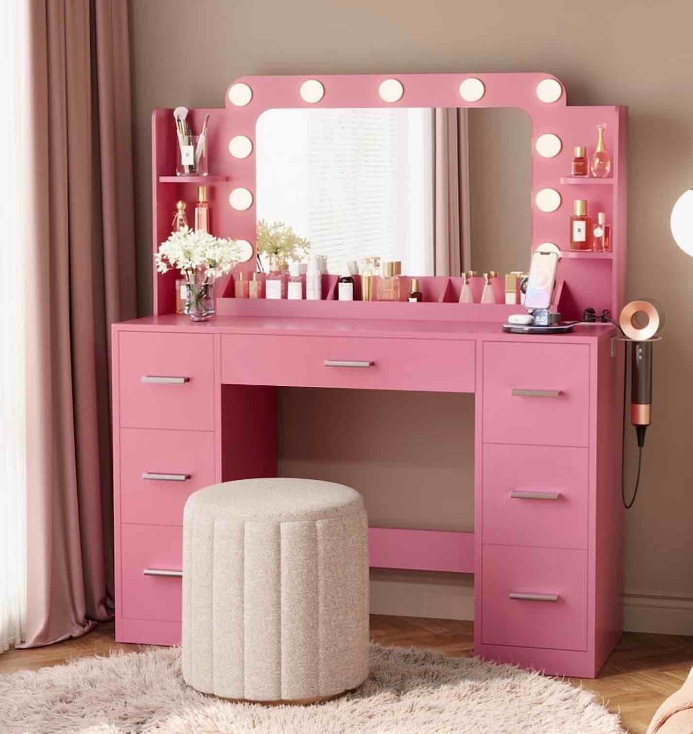 Furmax Vanity Set with Large Mirror & Adjustable Lights, Makeup Vanity Table with 7 Drawers & Open Shelves Vanity Desk for Bedroom, Pink