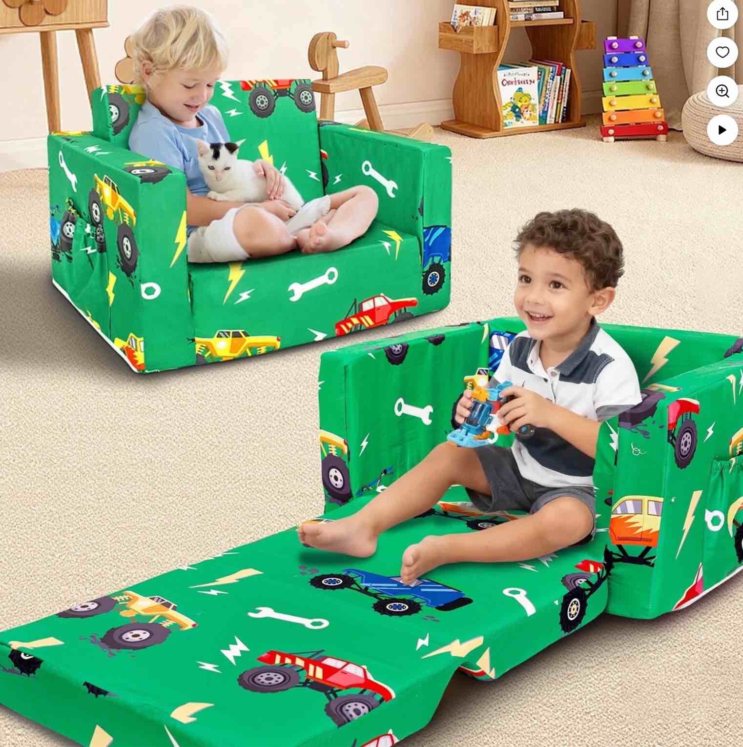 Beavtaens Toddler Sofa, 2-in-1 Flip Open Toddler Couch, with Side Pocket, for Ages 18 Months+ (Cars)