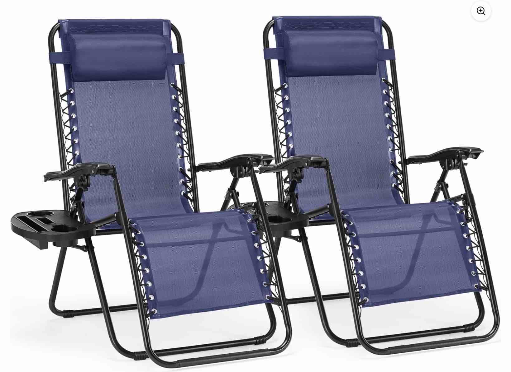 CONCETTA 2PCS Zero Gravity Patio Recliner, Textilene Folding Lounge with Adjustable Pillow & Cup Tray, Blue