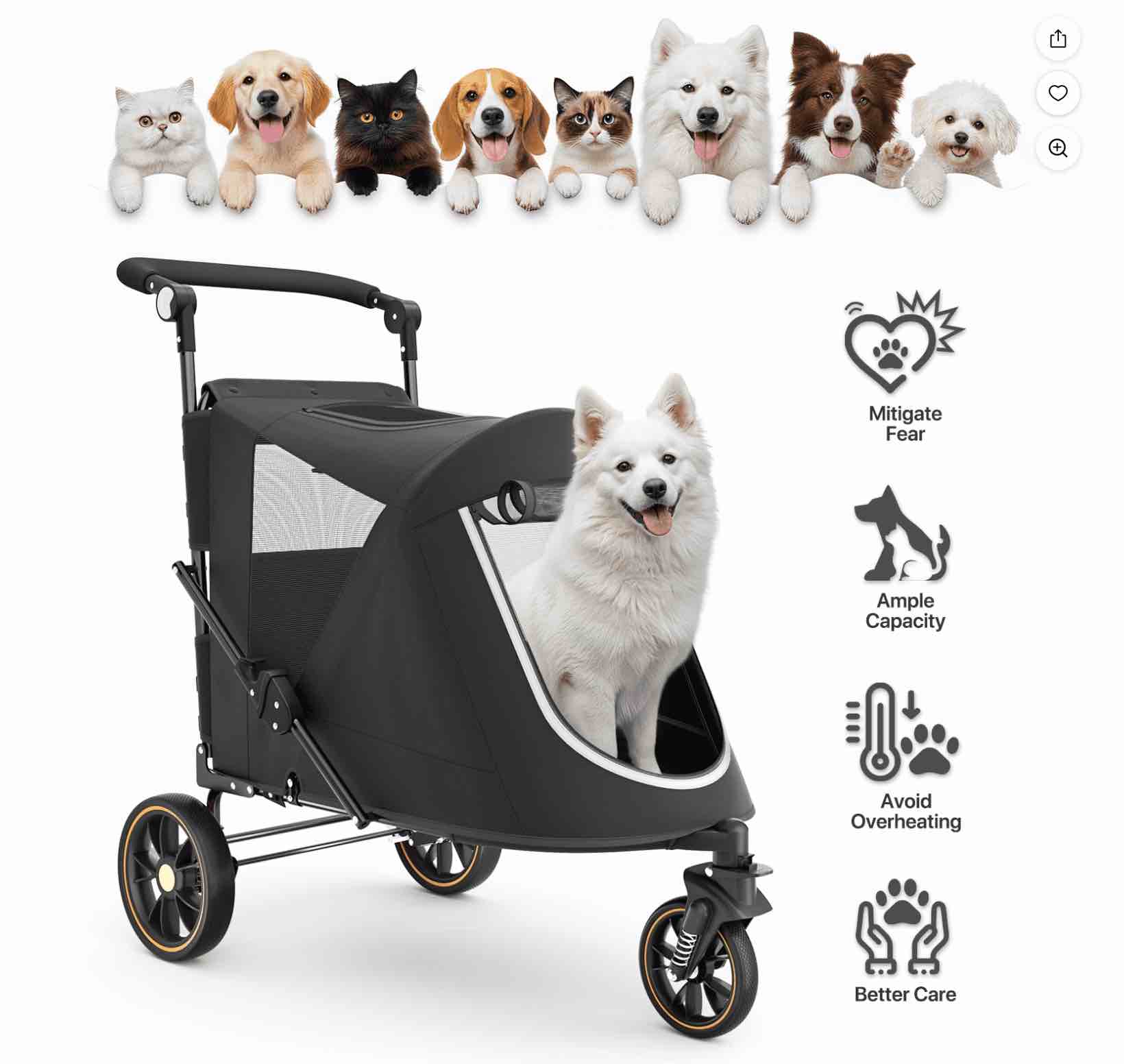 monibloom dog stroller  3 wheel pet stroller for small medium dogs & cats  adjustable handlebar 9 angles 20°-180°  black