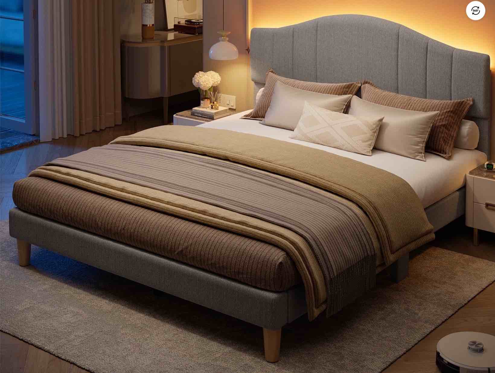 pinmoco queen upholstered bed frame with adjustable arc-shaped headboard, led platform bed, fabric gray