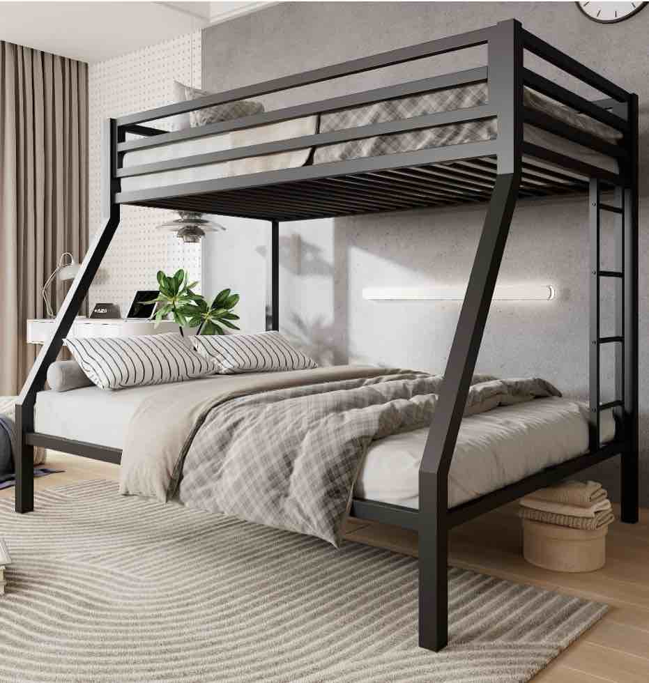 amolife twin over full size metal bunk bed with removable ladder  full-length guardrail  black