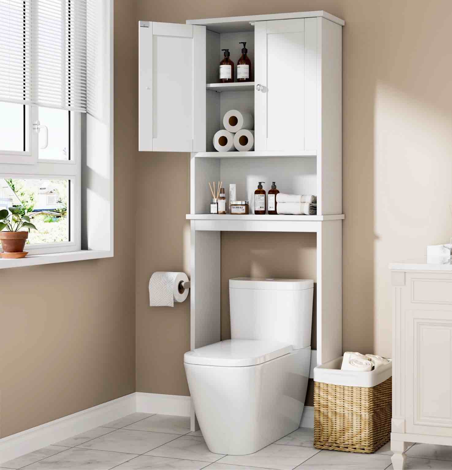 walsunny over the toilet storage cabinet bathroom shelves organizer space saver freestanding restroom shelf with doors anti-tip device adjustable shelf white
