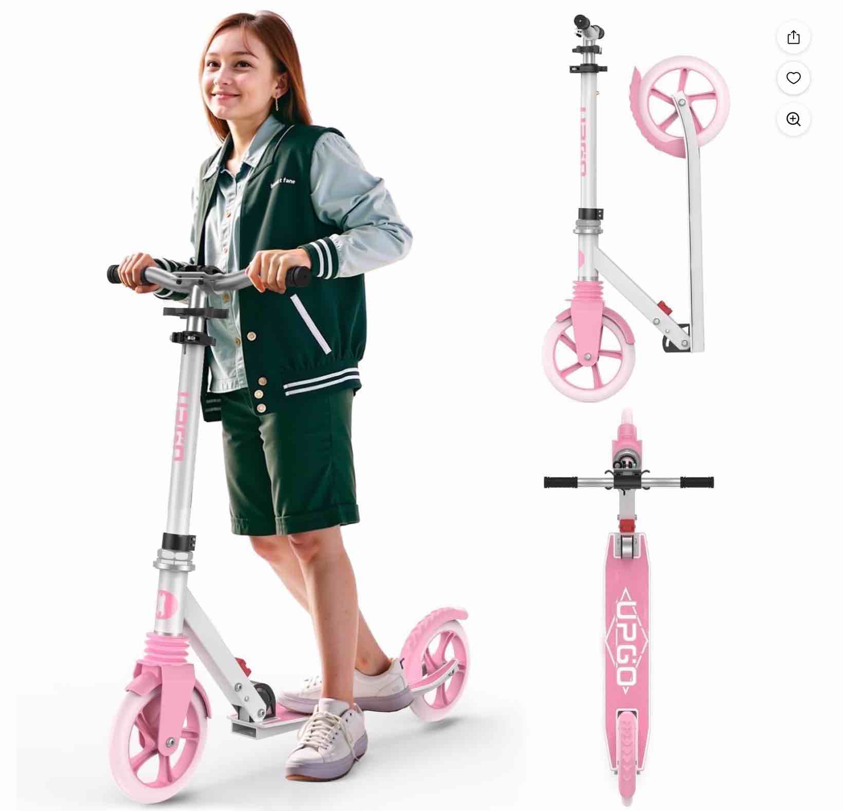 upgo kick scooter for ages 6+, kids, teens & adults, 240 lb max load, foldable, 8-inch wheels, pink