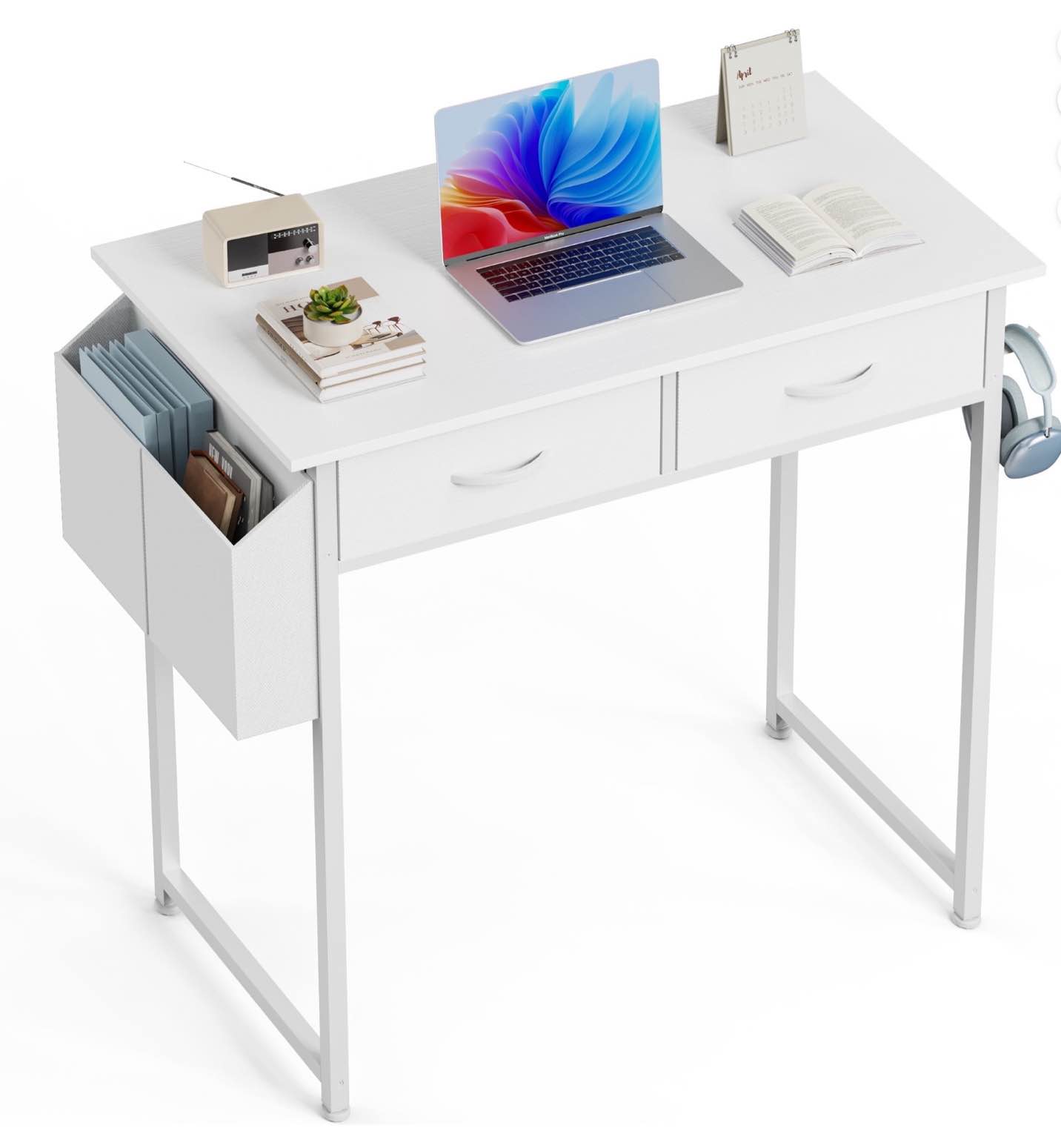edx small desk with fabric drawers & storage bag iron hook, home office computer desk,white vanity desk with storage for home, bedroom, 32 inch, white