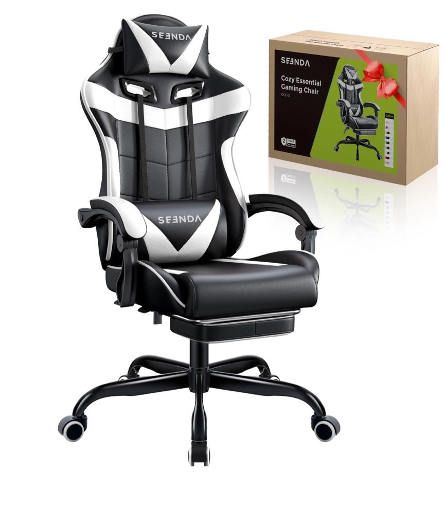 gaming chair, seenda video game chair with footrest and lumbar support, ergonomic computer chair height adjustable with swivel seat and headrest, white